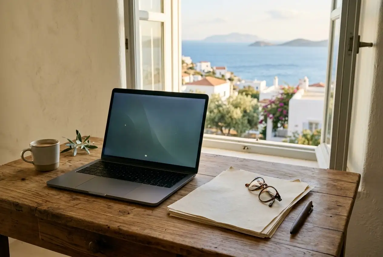 Ανοιχτός φορητός υπολογιστής, έγγραφα χωρίς αναγνώσιμο κείμενο και στιλό σε ξύλινο γραφείο